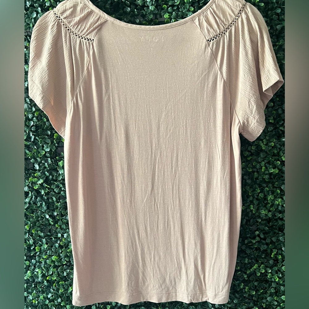 LOFT Cutout Yoke Flutter Sleeve Mixed Media Top - Picture 3 of 6